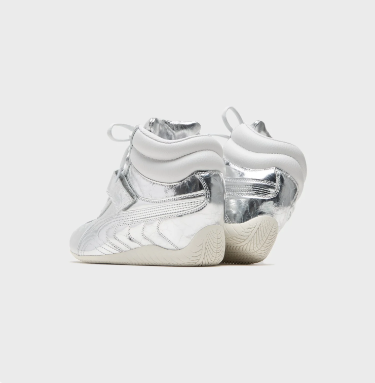 PUMA Metallic Silver High-Top Sneakers with White Collar and Strap
