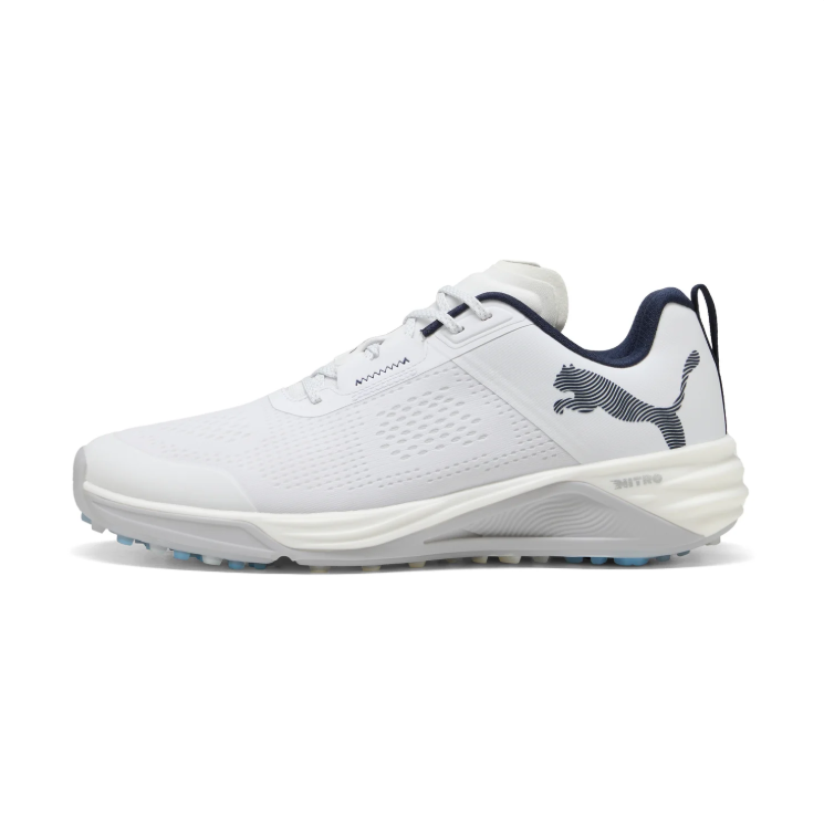 PUMA White & Navy Golf Shoes with Blue Outsole Accents