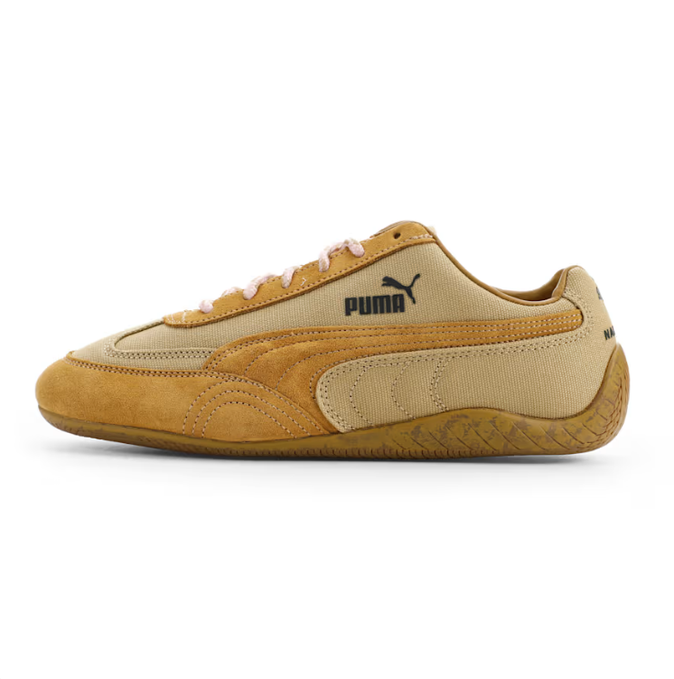 PUMA Beige & Tan Low-Top Sneakers with Pink Laces