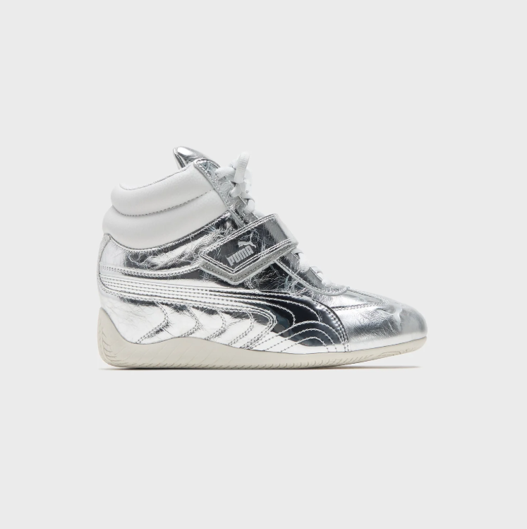PUMA Metallic Silver High-Top Sneakers with White Collar and Strap