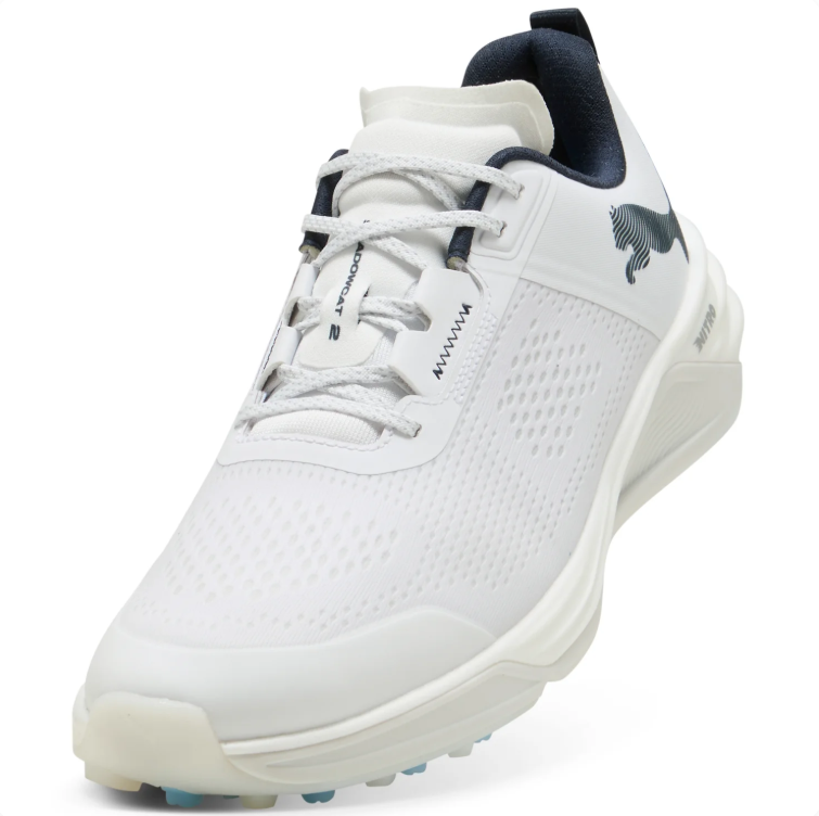 PUMA White & Navy Golf Shoes with Blue Outsole Accents