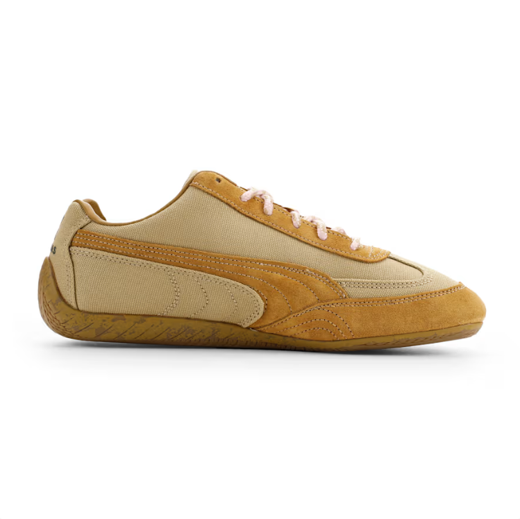 PUMA Beige & Tan Low-Top Sneakers with Pink Laces