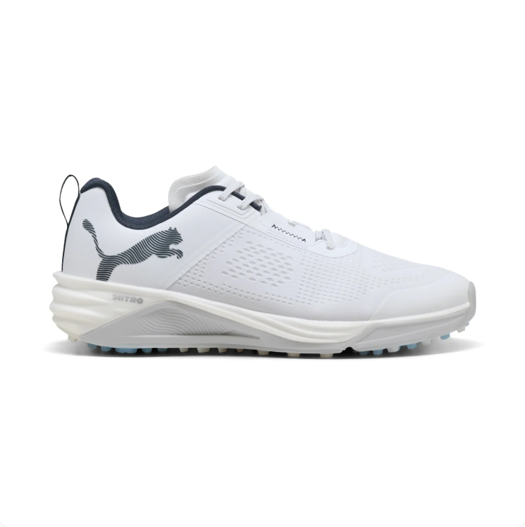 PUMA White & Navy Golf Shoes with Blue Outsole Accents