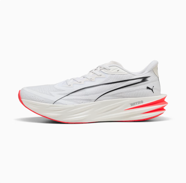 PUMA White & Black Running Shoes with Coral Red Outsole