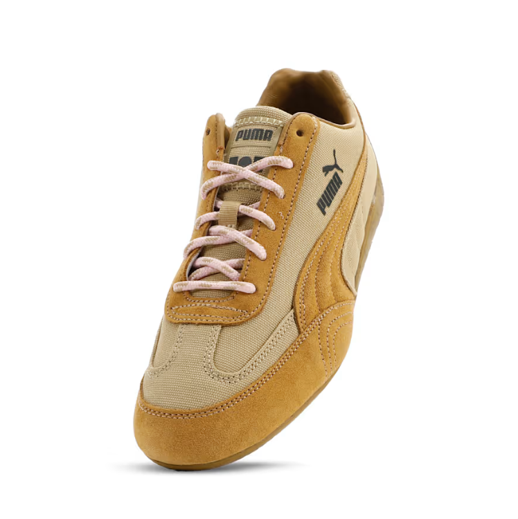 PUMA Beige & Tan Low-Top Sneakers with Pink Laces