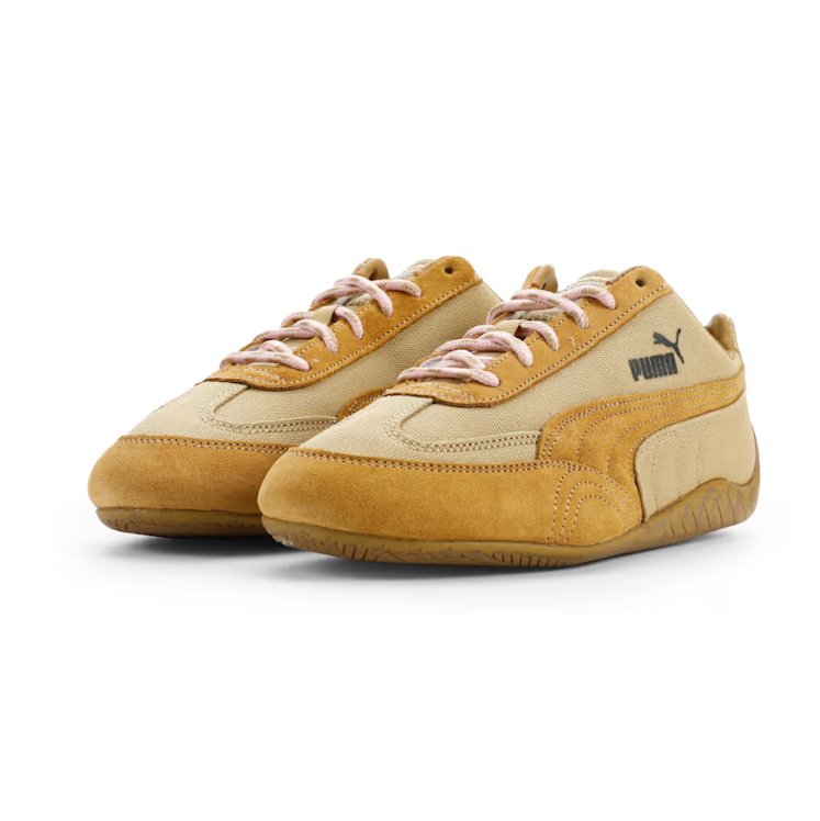 PUMA Beige & Tan Low-Top Sneakers with Pink Laces