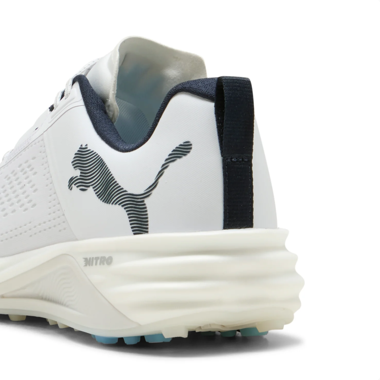 PUMA White & Navy Golf Shoes with Blue Outsole Accents