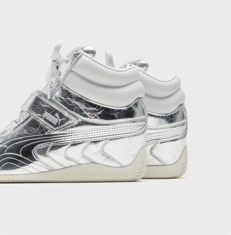 PUMA Metallic Silver High-Top Sneakers with White Collar and Strap