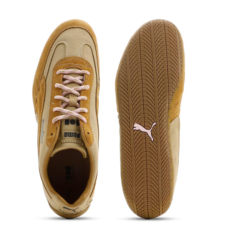 PUMA Beige & Tan Low-Top Sneakers with Pink Laces