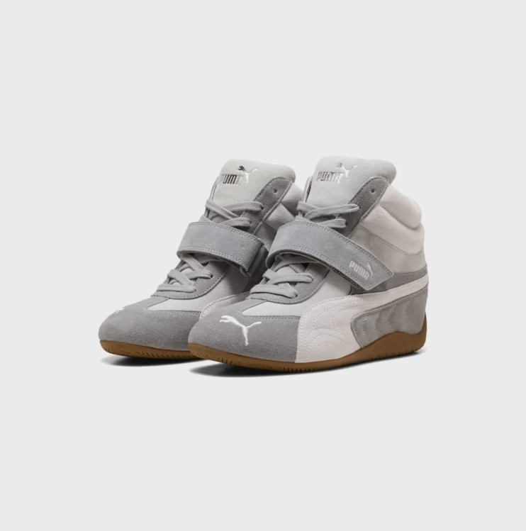 PUMA Grey & White High-Top Sneakers with Strap and Gum-Colored Sole