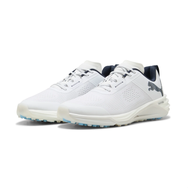 PUMA White & Navy Golf Shoes with Blue Outsole Accents