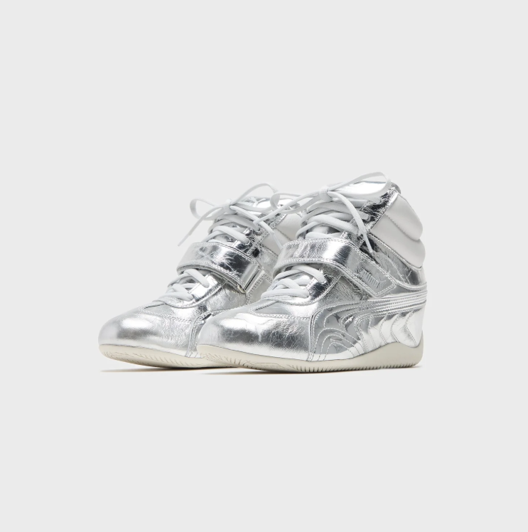 PUMA Metallic Silver High-Top Sneakers with White Collar and Strap