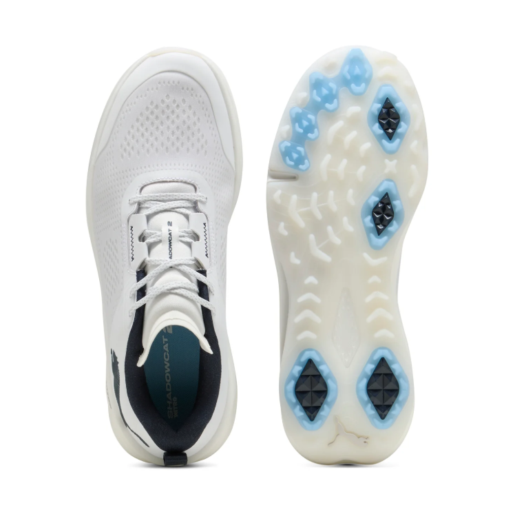 PUMA White & Navy Golf Shoes with Blue Outsole Accents
