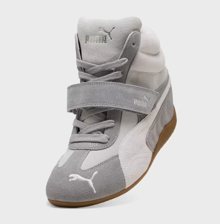 PUMA Grey & White High-Top Sneakers with Strap and Gum-Colored Sole