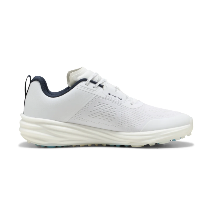 PUMA White & Navy Golf Shoes with Blue Outsole Accents