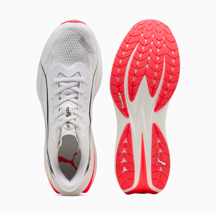 PUMA White & Black Running Shoes with Coral Red Outsole