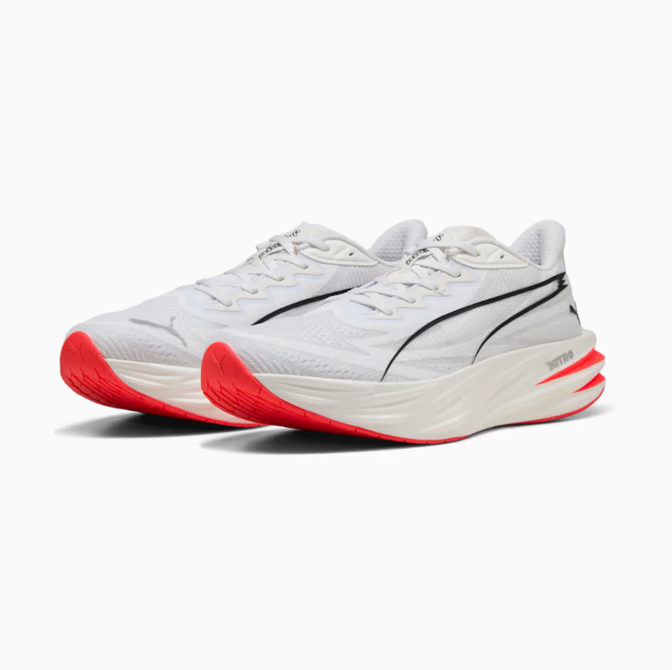 PUMA White & Black Running Shoes with Coral Red Outsole